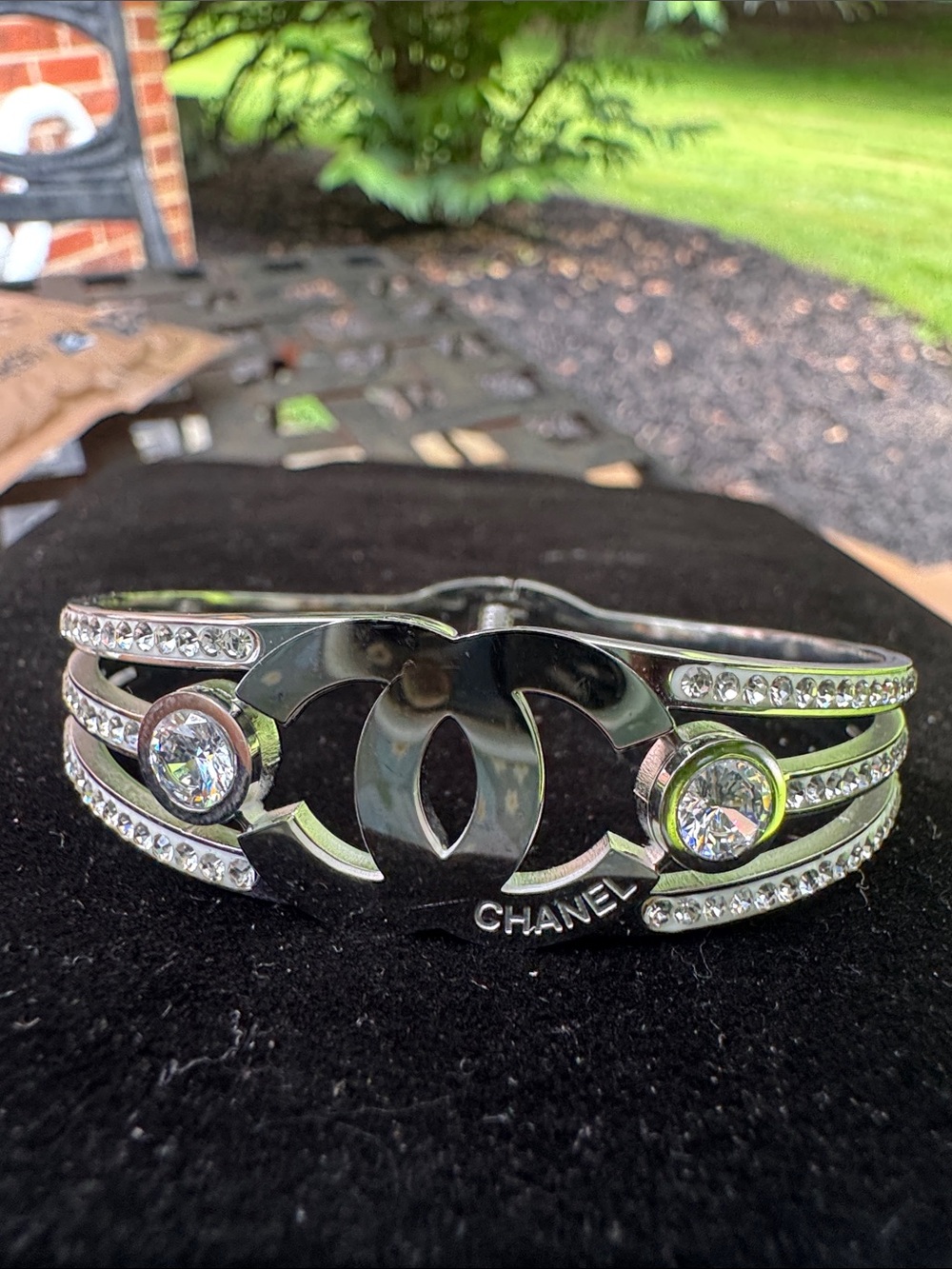 Bracelet Silver tone Crystal Interlocking CC Cuff Bracelet